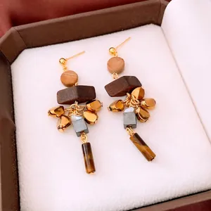 Bohemian geometric wooden earrings with tiger eye stone and silver needle studs
