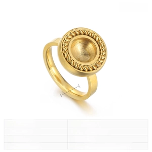 Macro shot of gold stainless steel ring base with twisted rope edge and round setting