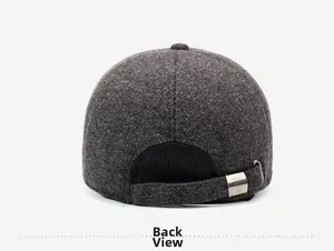 Close-up back view of dark grey wool blend baseball cap with adjustable metal buckle strap