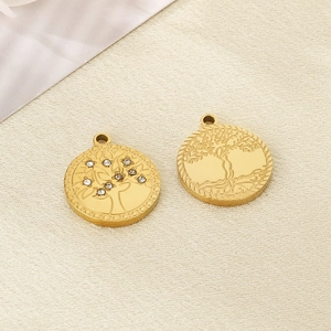 Polished stainless steel Tree of Life pendants in gold finish with small crystal accents