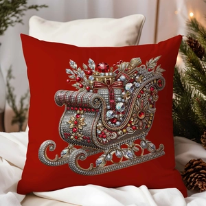 Detail of red Christmas pillowcase with luxury jewel-styled sleigh print on soft fabric