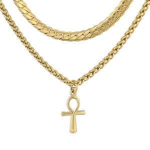 Double layer gold stainless steel necklace with Ankh cross pendant and Cuban link chain