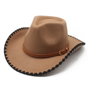 Detailed view of khaki wool cowboy hat with leather band and black stitched brim edges