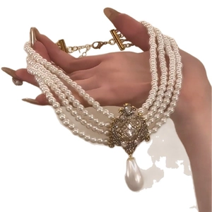 Vintage multilayer pearl choker necklace with rhinestone pendant and teardrop pearl