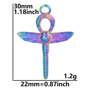 Iridescent stainless steel Egyptian Ankh Scarab pendant showing dimensions 30mm by 22mm