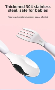 Close-up of 304 stainless steel baby fork and spoon with ergonomic handles