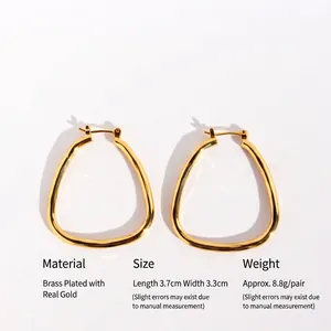 Classic 24k gold-plated brass geometric triangle hoop earrings with mirror finish