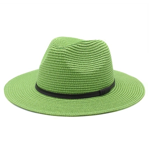 Grass green Panama straw hat with black decorative band for summer beach sun protection