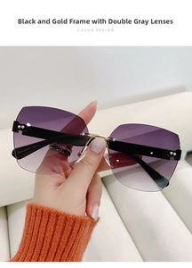 Close-up of rimless gradient lenses and gold bridge detail on stylish 9225 sunglasses