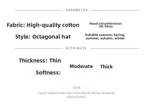 Detailed sizing chart for cotton newsboy cap showing 58-59cm head circumference