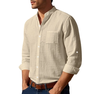 Detail of mandarin collar and chest pocket on men's beige linen blend long sleeve shirt