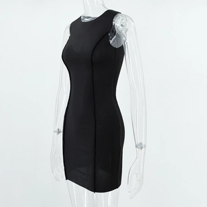 Detail view of black sleeveless bodycon mini dress with vertical seam stitching details