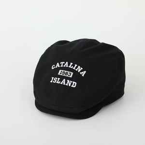 Detail view of black twill flat cap featuring white vintage 1983 Catalina Island embroidery