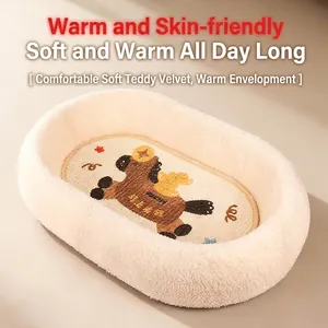 Plush cream white cat bed with cartoon horse patterns and soft faux fur material