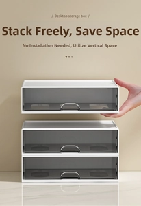 Stackable desktop organizer with white frame and grey drawers for space-saving storage