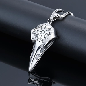 Vintage stainless steel Viking raven skull necklace with Vegvisir compass engraving