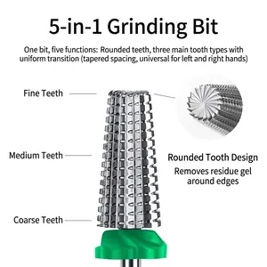 5-in-1 Tungsten Carbide Nail Drill Bit with 3-step grit density for gel removal