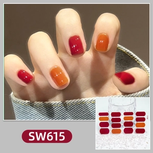 Detail of wine red and orange gradient nail stickers style SW615 with waterproof finish