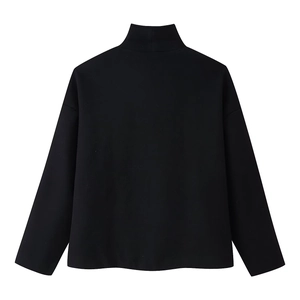 Rear view of black turtleneck long sleeve top showing clean fabric texture and stitching