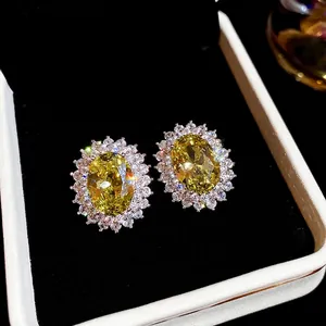 Classic oval yellow zircon stud earrings with double halo sparkle for women