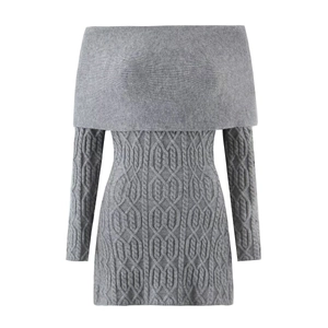 Off-Shoulder Long Sleeve Cable Knit Mini Dress Slim Fit Elegant Pullover Sweater Dress For Women Solid Color Autumn