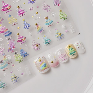 3D Christmas nail art stickers with colorful trees, snowflakes and sparkling gems