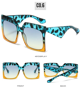 Three views of square oversized sunglasses in blue animal print with gradient lenses