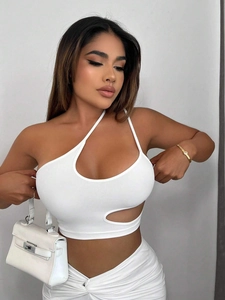 Dames Asymmetrische One Shoulder Hollow Out Crop Top En Geplooide Minirok Katoen Polyester Sexy Effen Kleur