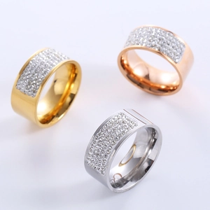 Five Row Rhinestone Wide Band Ring 316L Stainless Steel Multi Row Pave Zircon Shiny Electroplated Jewelry For Women
