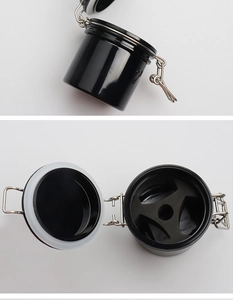 Detail of eyelash glue storage tank with charcoal lining and secure metal buckle lock