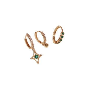 Ensemble de 3 boucles d'oreilles vintage or rose avec zircon vert et pendentif étoile