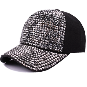 Stylish black baseball cap for women featuring full silver rhinestone embellishments