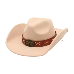 Beige western felt cowboy hat with leather band and vintage longhorn bull metal buckle