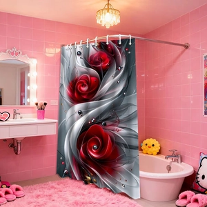 Detail of red rose floral shower curtain hanging in a modern pink tiled bathroom