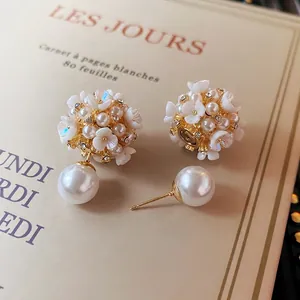 Flower Cluster Stud Earrings With Cubic Zirconia Resin Petals Imitation Artificial Pearl And 925 Sterling Silver Earring Post