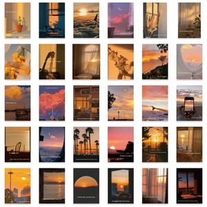 Set of 30 aesthetic sunset scenery stickers with warm orange and rose gold tones