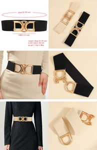 Detailed size specifications for elastic women belt with golden geometric circle buckle