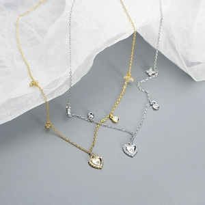 S925 sterling silver layered necklace with heart pendant and diamond accents