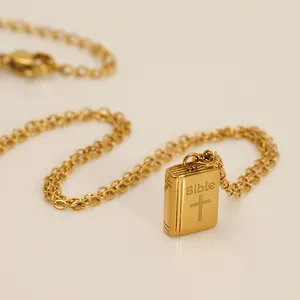 18K gold plated stainless steel Bible book pendant necklace with cross and cable chain