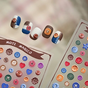 3D vintage button nail art stickers with colorful embossed heart and star designs