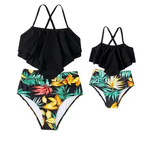 Mother Daughter Matching Swimwear Ruffle Tankini Top High Waisted Tropical Print Bikini Family Beachwear Nylon Fabric
