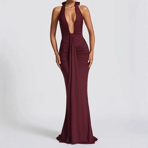 Elegant wine red deep V-neck halter maxi dress with slim fit mermaid hem for women