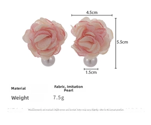 Detail showing dimensions of pink fabric flower earrings with faux pearl pendants