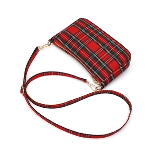 Retro red plaid baguette bag in fabric with adjustable strap and gold metal hardware