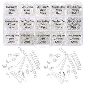 Detailed set of silver jewelry making kit with lobster clasps and pins in 15 grid box