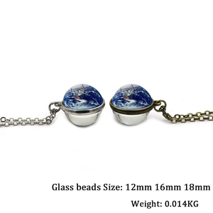 Double-sided glass earth globe pendant necklaces in silver and bronze metal finishes