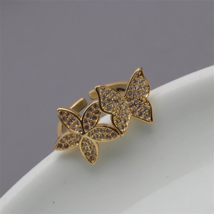 Adjustable gold butterfly and flower open ring with micro-pave white zircon crystals