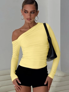 Haut court jaune chic à une épaule avec fronces et manches longues pour femmes