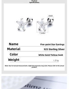 Detailed size chart of 925 sterling silver star stud earrings with product dimensions