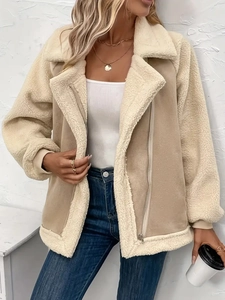 Women's faux suede aviator jacket with sherpa lining and zip closure in sand color